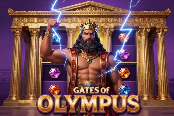Gates of Olympus Slot Thumbnail mit Zeus und griechischen Symbolen