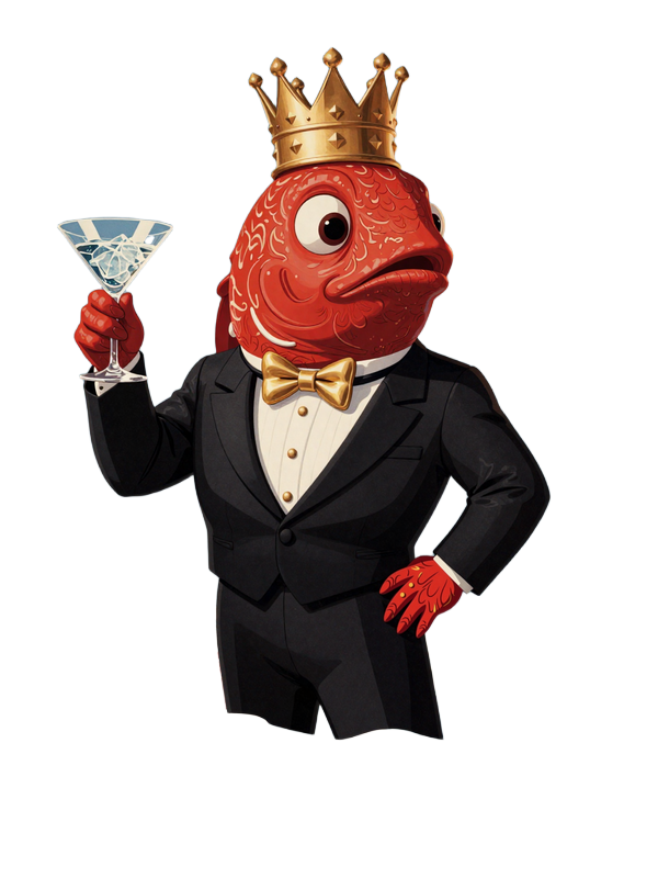 Huge Red im Rat-Pack-Smoking mit Goldkrone und Fish-Hook-Fliege - das Maskottchen des Ice Fishing Casino